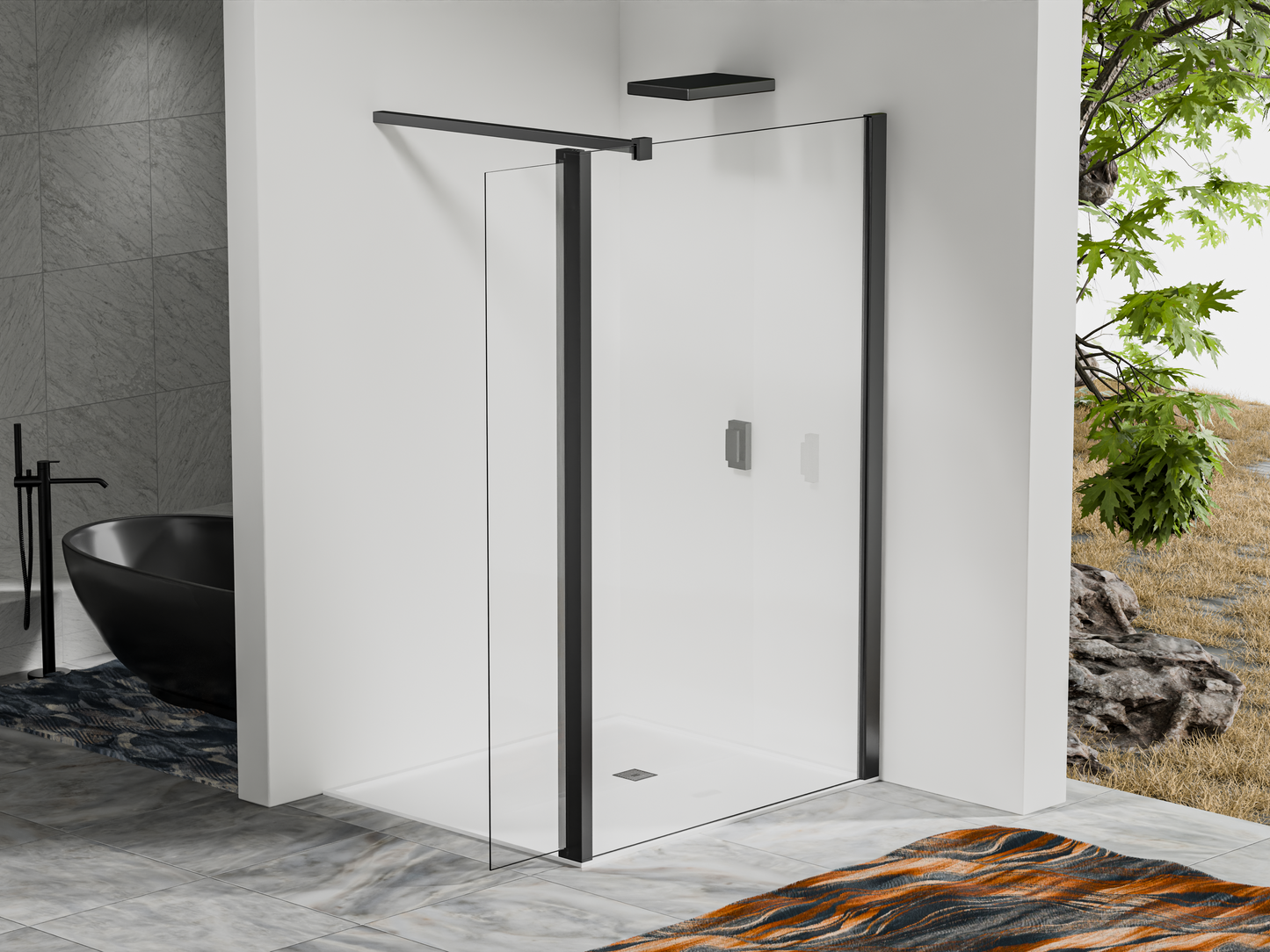 Paroi de douche fixe avec retour pivotant – Barre de fixation 90 cm – Accessoires aluminium noir mat