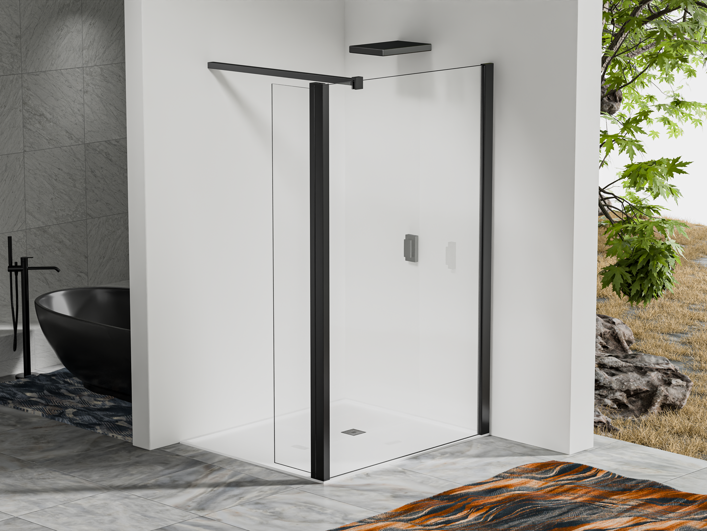 Paroi de douche à l’italienne avec déflecteur – Barre de fixation recoupable 140 cm – Finitions aluminium noir mat