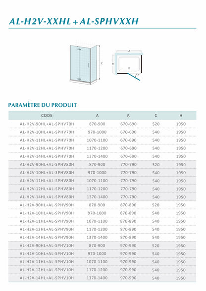 Cabine de douche en verre securit transparent anticalcaire 8 mm avec porte pivotante et paroi latérale fixe