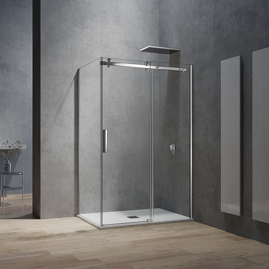 Cabine de douche avec porte coulissante et paroi latérale fixe en verre 8 mm transparent hauteur 195 cm - vue 2