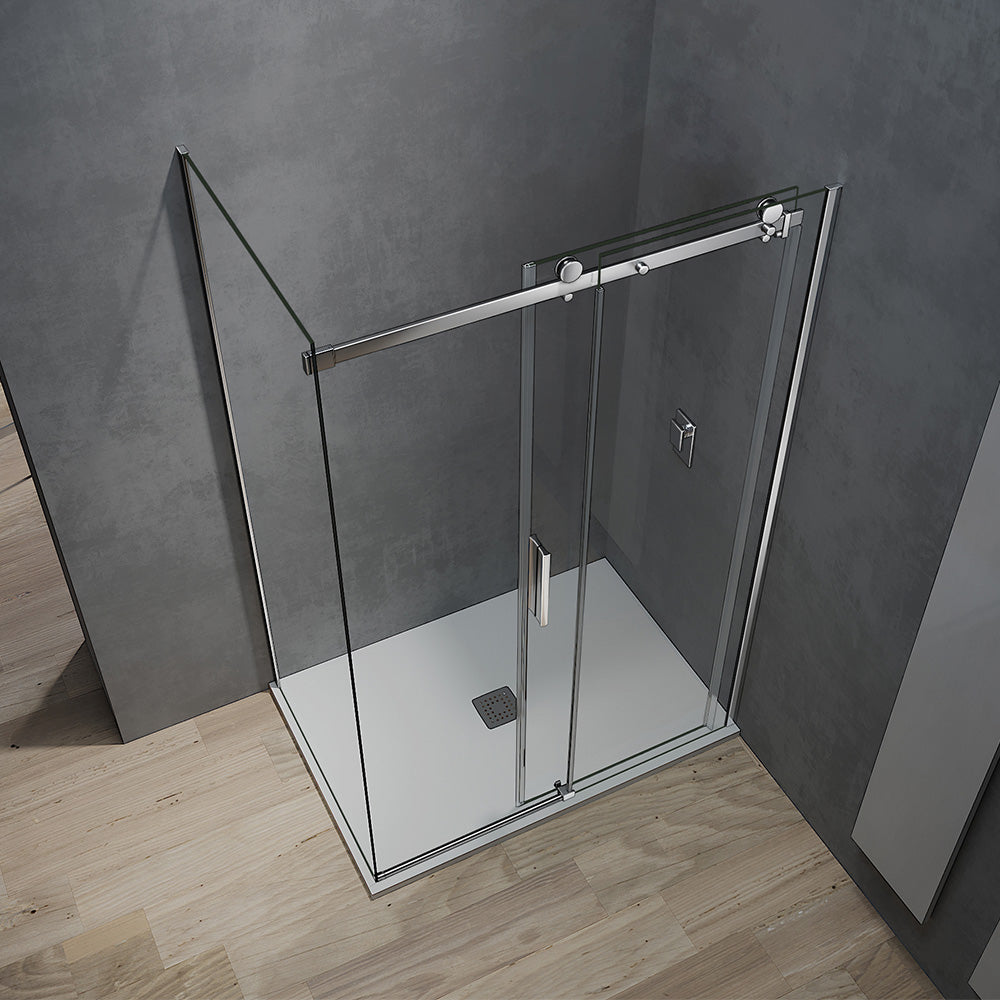 Cabine de douche avec porte coulissante et paroi latérale fixe en verre 8 mm transparent hauteur 195 cm