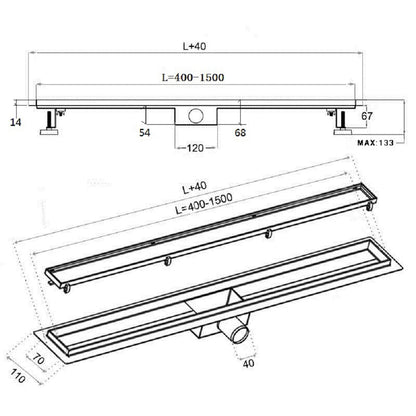 Caniveau de Douche Italienne Acier Inoxydable 60 70 80 90 cm Siphon Sol D'évacuation le Modèle O