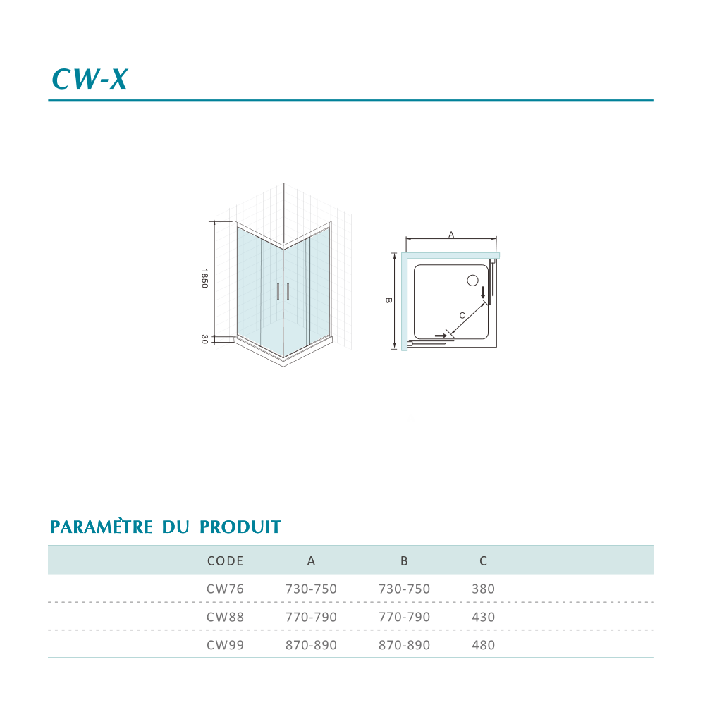 Cabine de douche d'angle avec portes coulissantes en verre 6 mm anticalcaire Hauteur 185 cm