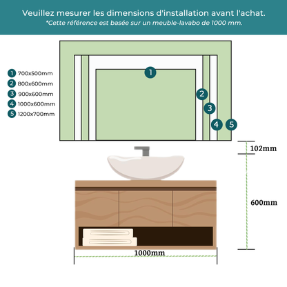 Miroir salle de bain avec éclairage LED et zone antibuée - pose verticale ou horizontale
