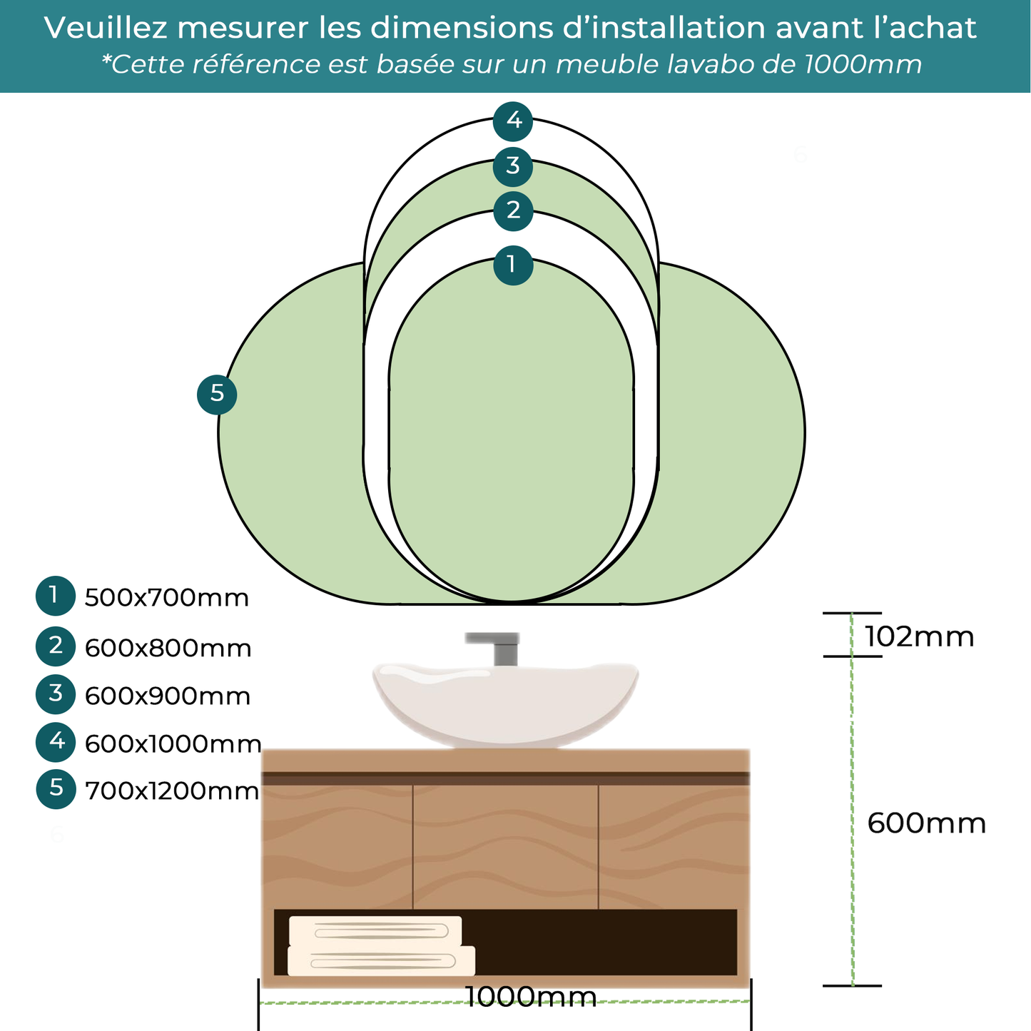 Miroir ovale avec éclairage LED à luminosité dimmable lumière 2800K-6000K pose réversible