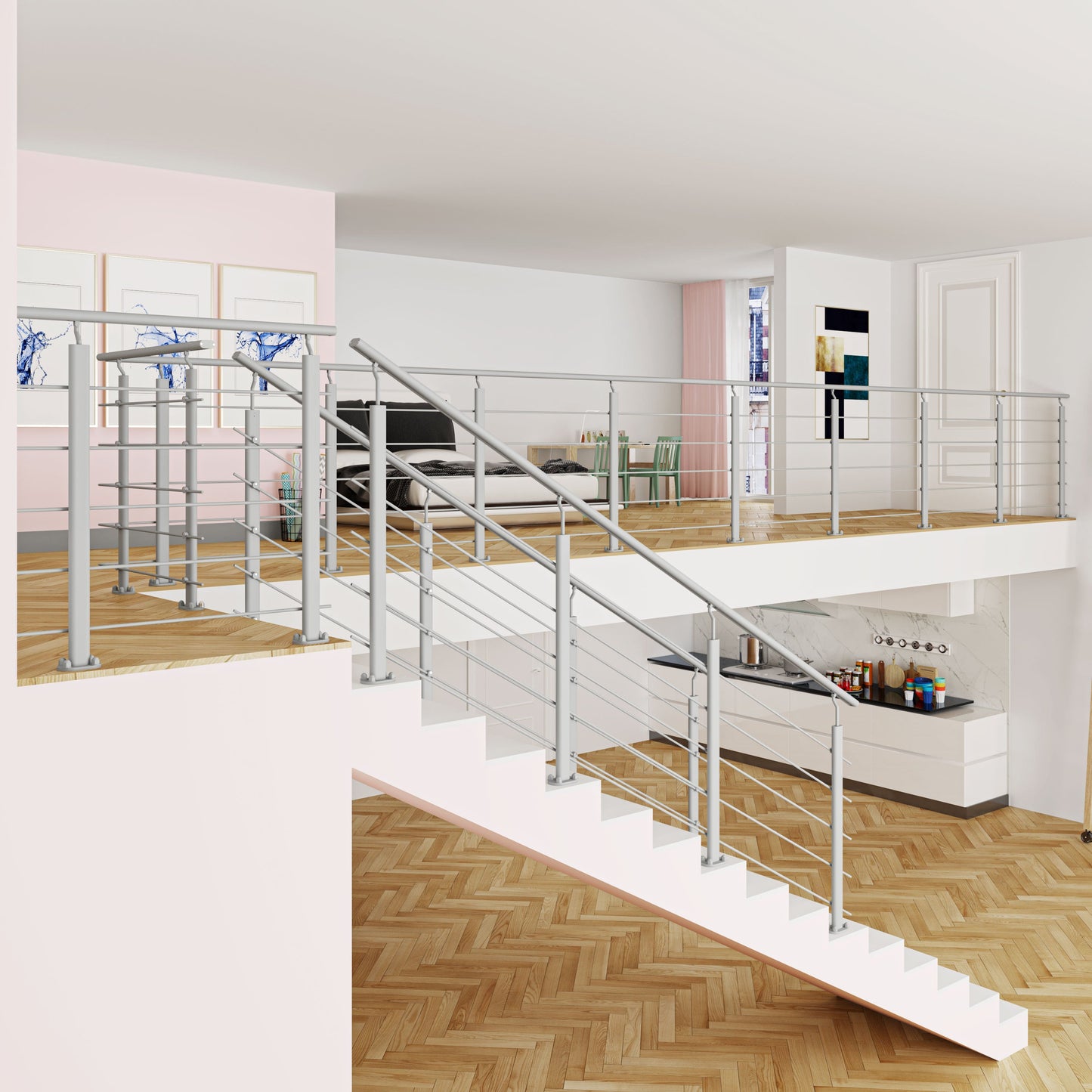 kit garde-corps en aluminium pour mezzanine, balcon,escalier ou terrasse avec fixation à plat recoupable 