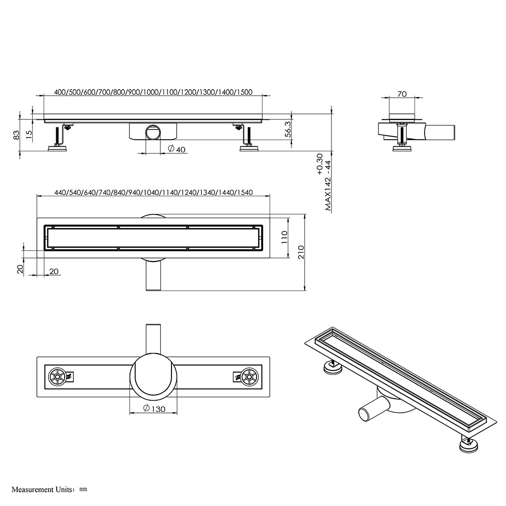 Caniveau de Douche Italienne INOX 60 70 80 90 Écoulement Siphon360° à carreler