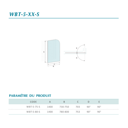 Pare-baignoire dépoli pivotant en verre trempé 5 mm anticalcaire 80x140