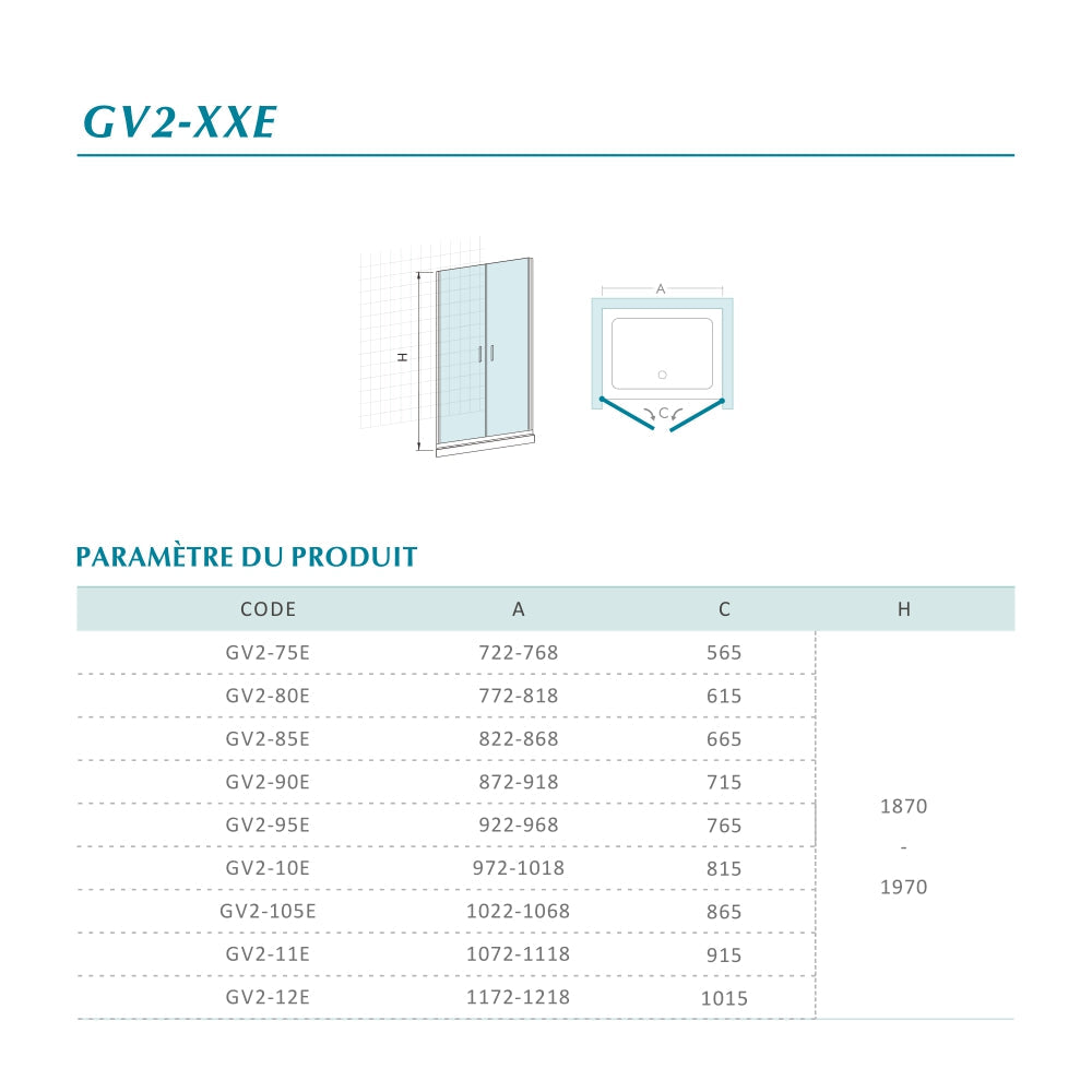 Porte de douche battante de hauteur 197cm en verre 6 mm transparent ou dépoli