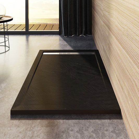 Receveur de douche noir extra-plat antidérapant en résine et marbre minéral avec grille inoxydable et siphon - vue 2