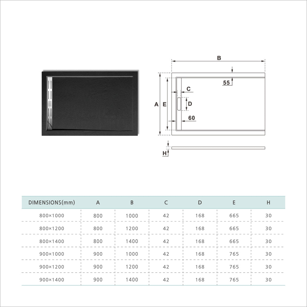 Receveur de douche noir extra-plat antidérapant en résine et marbre minéral avec grille inoxydable et siphon