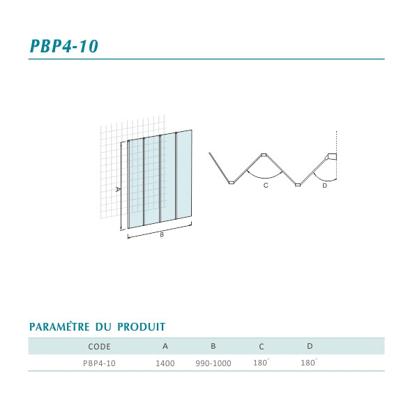 Pare-baignoire à 4 volets pivotant-pliant en verre securit 4 mm 100x140