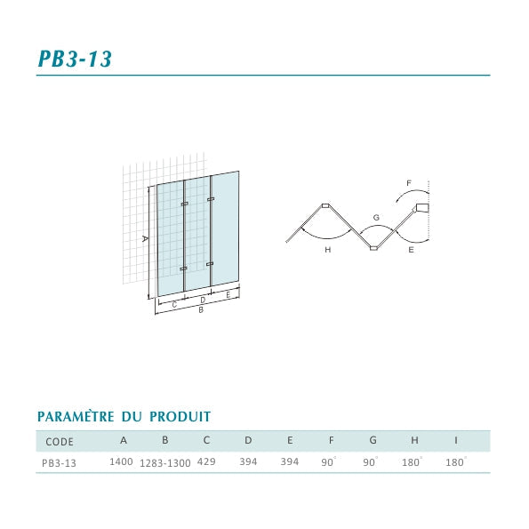 Pare-baignoire accordéon à 3 volets en verre 6 mm clair 130x140