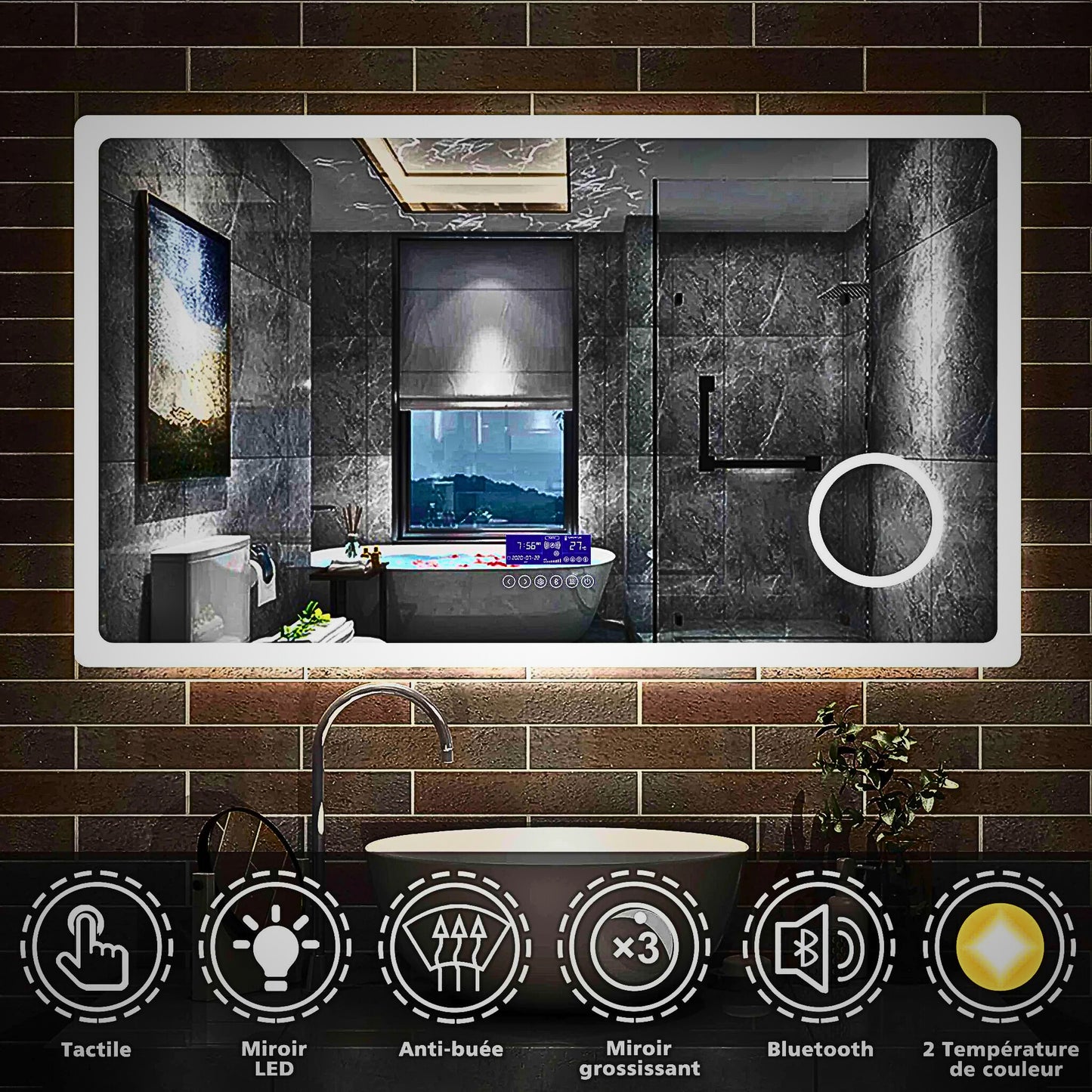 Miroir LED avec zone grossissante X3 et horloge digitale pour salle de bain