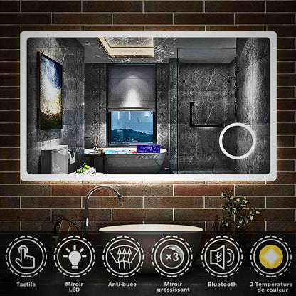 Miroir LED avec zone grossissante X3 et horloge digitale pour salle de bain