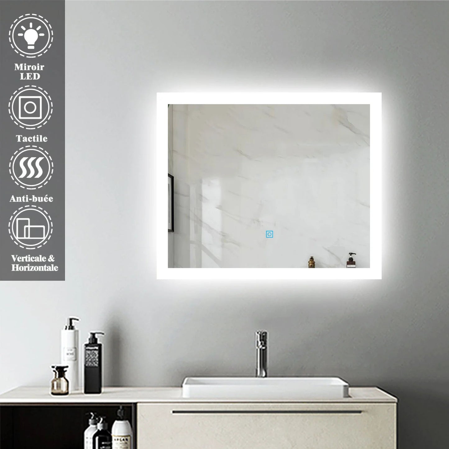 Miroir LED pour salle de bain avec bouton tactile - pose verticale ou horizontale