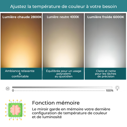 Miroir salle de bain avec éclairage LED et zone antibuée - pose verticale ou horizontale