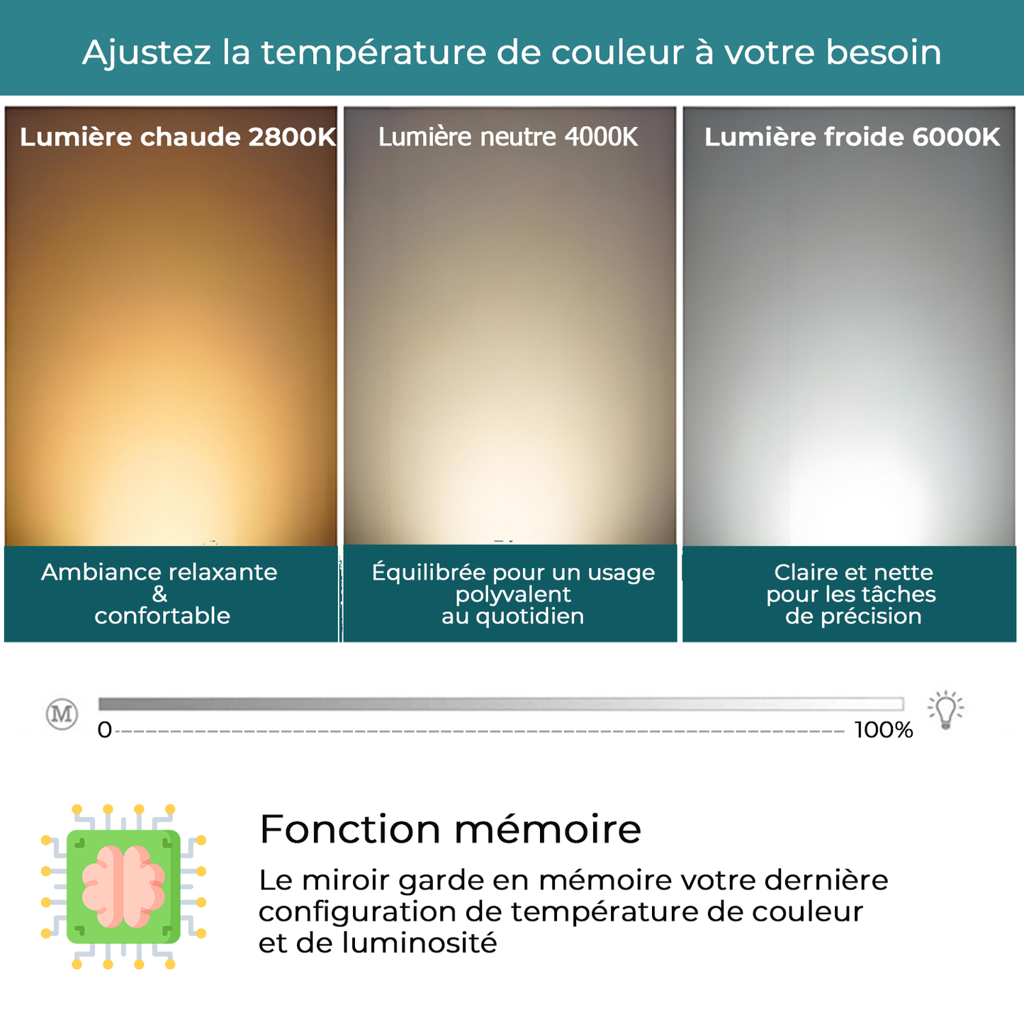 Miroir ovale avec éclairage LED à luminosité dimmable lumière 2800K-6000K pose réversible