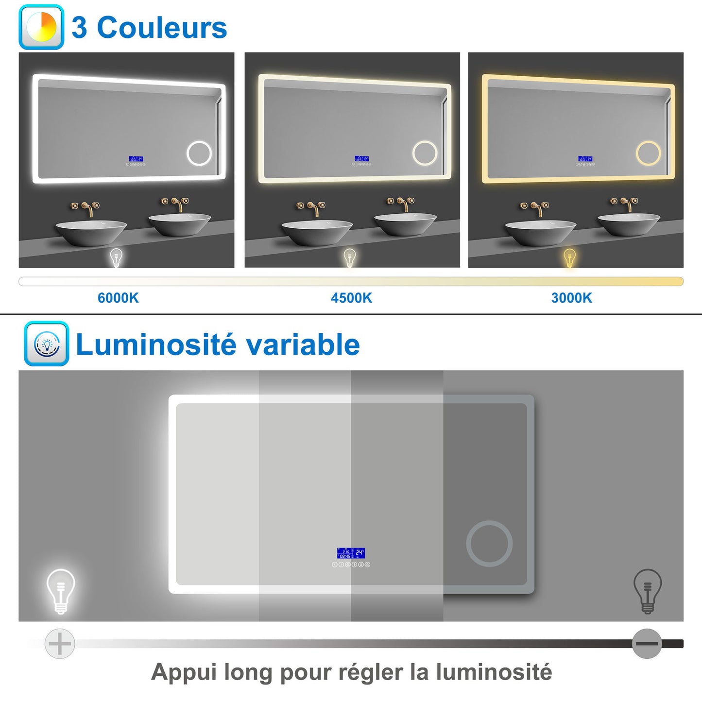 miroir salle de bain avec miroir grossissant - luminosité 2 couleurs et dimmable