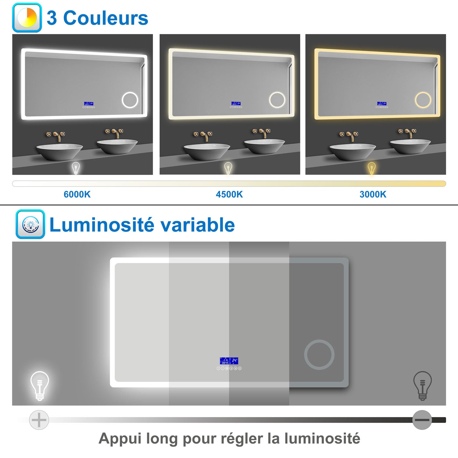 miroir salle de bain avec miroir grossissant - luminosité 2 couleurs et dimmable