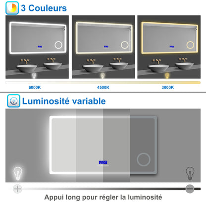 miroir salle de bain avec miroir grossissant - luminosité 2 couleurs et dimmable