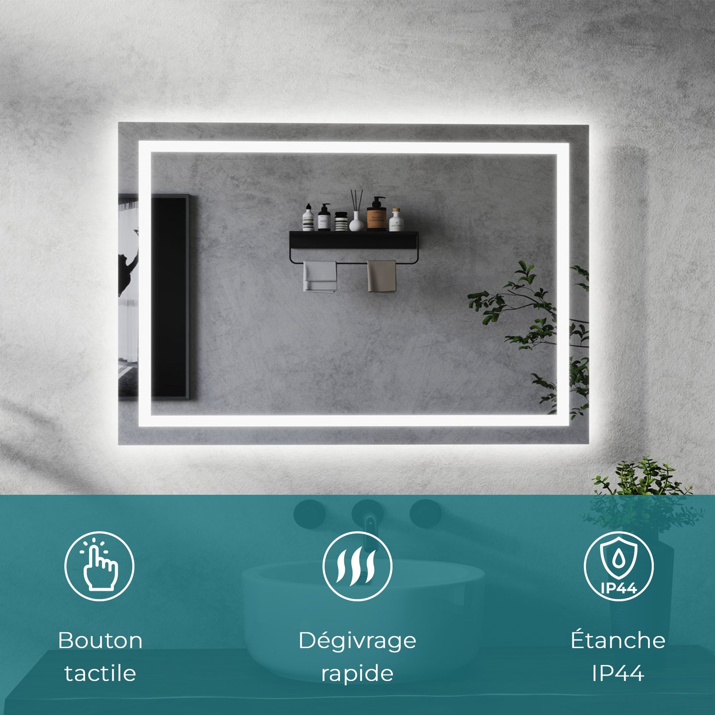 Miroir salle de bain avec éclairage LED et zone antibuée - pose verticale ou horizontale