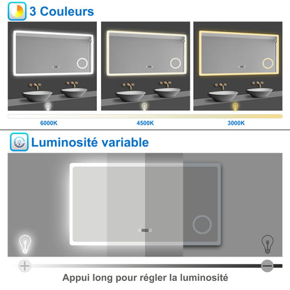 Miroir LED avec horloge digitale intégrée, lumière dimmable et réglable sur 3 tons 