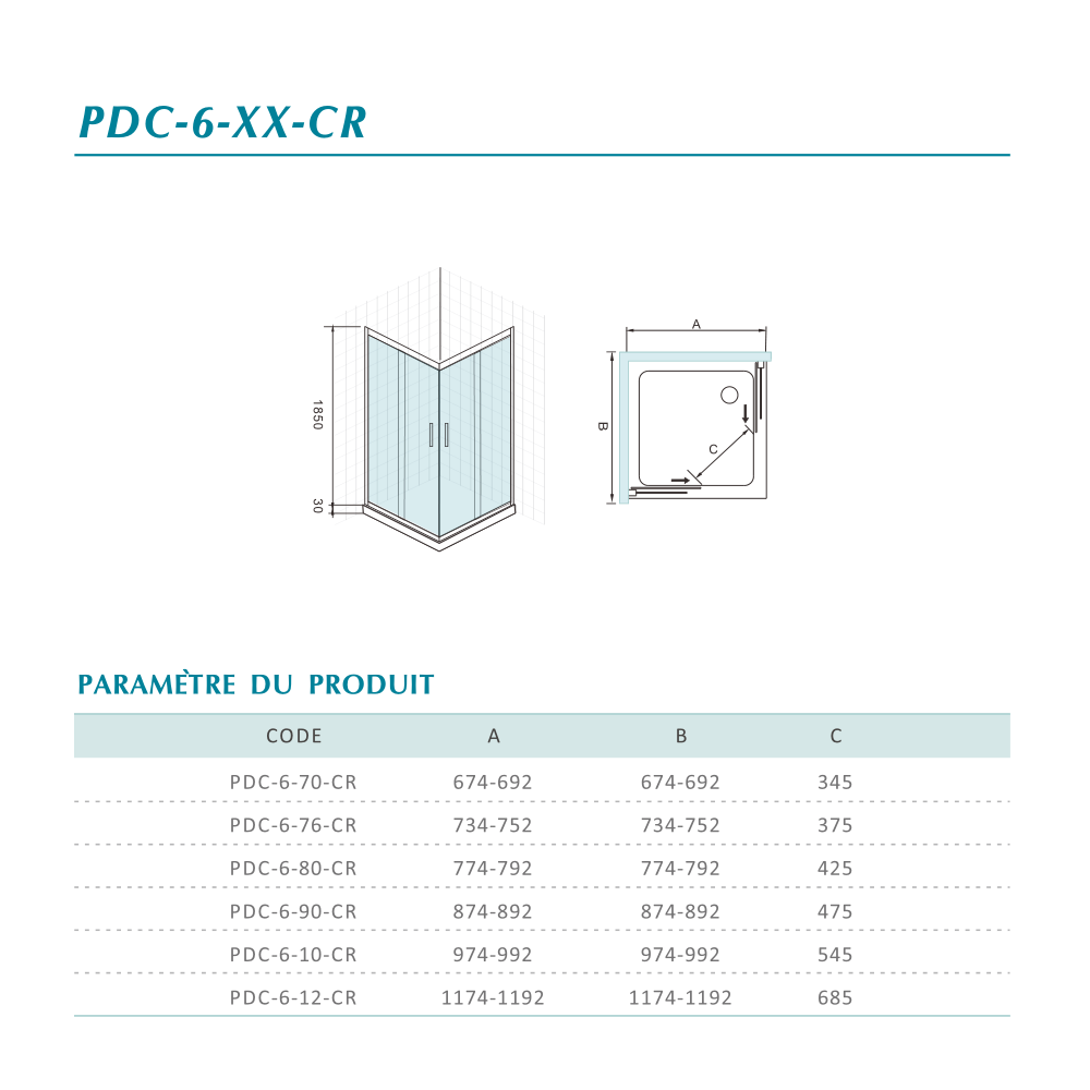 Cabine de douche à accès d'angle avec deux portes coulissantes en verre 6mm transparent