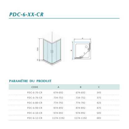 Cabine de douche à accès d'angle avec deux portes coulissantes en verre 6mm transparent