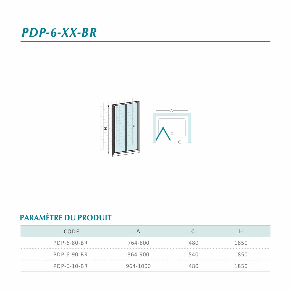 Porte de douche pliante en verre securit 4mm anticalcaire hauteur 185 cm