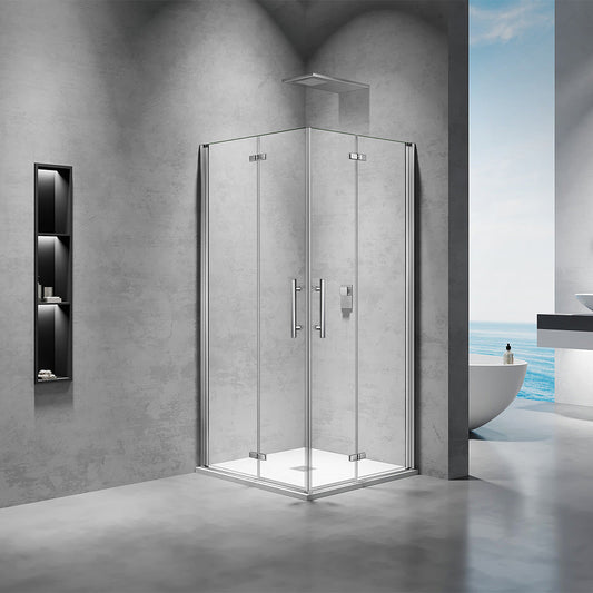 Cabine de douche en verre securit 6 mm transparent avec deux portes pivotantes pliantes hauteur 195 - vue 2