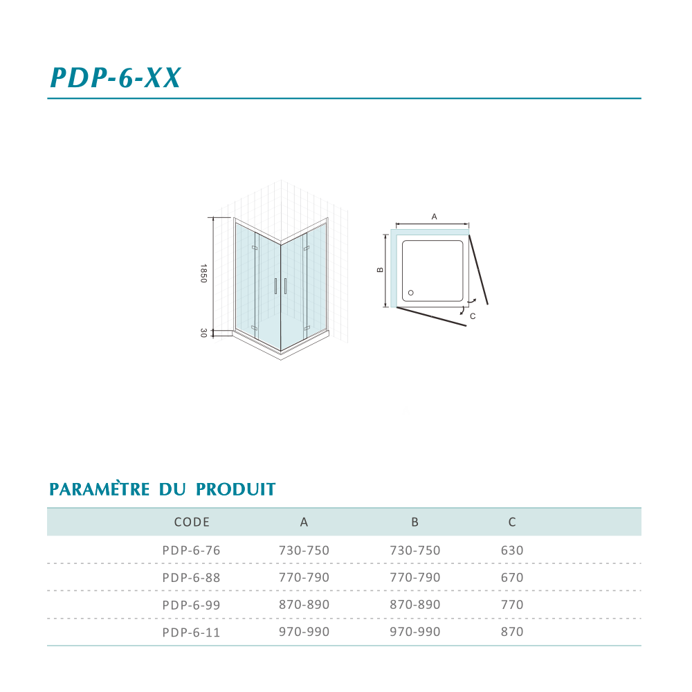 Cabine de douche en verre securit 6 mm transparent avec deux portes pivotantes pliantes hauteur 195