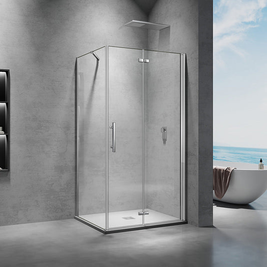 Cabine de douche en verre trempé 6mm anticalcaire avec une porte pivotante pliante et une paroi fixe hauteur 195cm