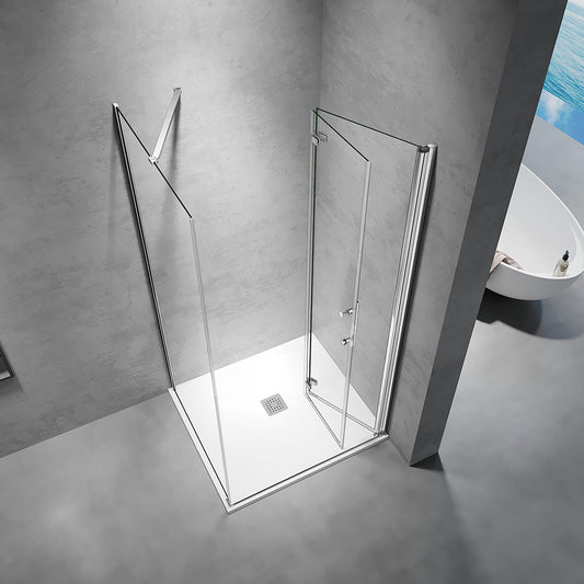 Cabine de douche en verre trempé 6mm anticalcaire avec une porte pivotante pliante et une paroi fixe hauteur - vue 2