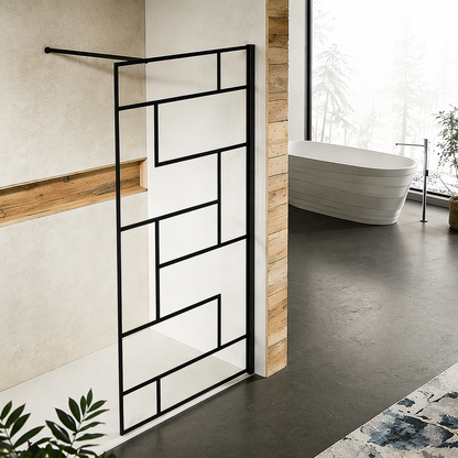 Paroi de douche à sérigraphie moderne avec barre de fixation 90 cm en alu noir