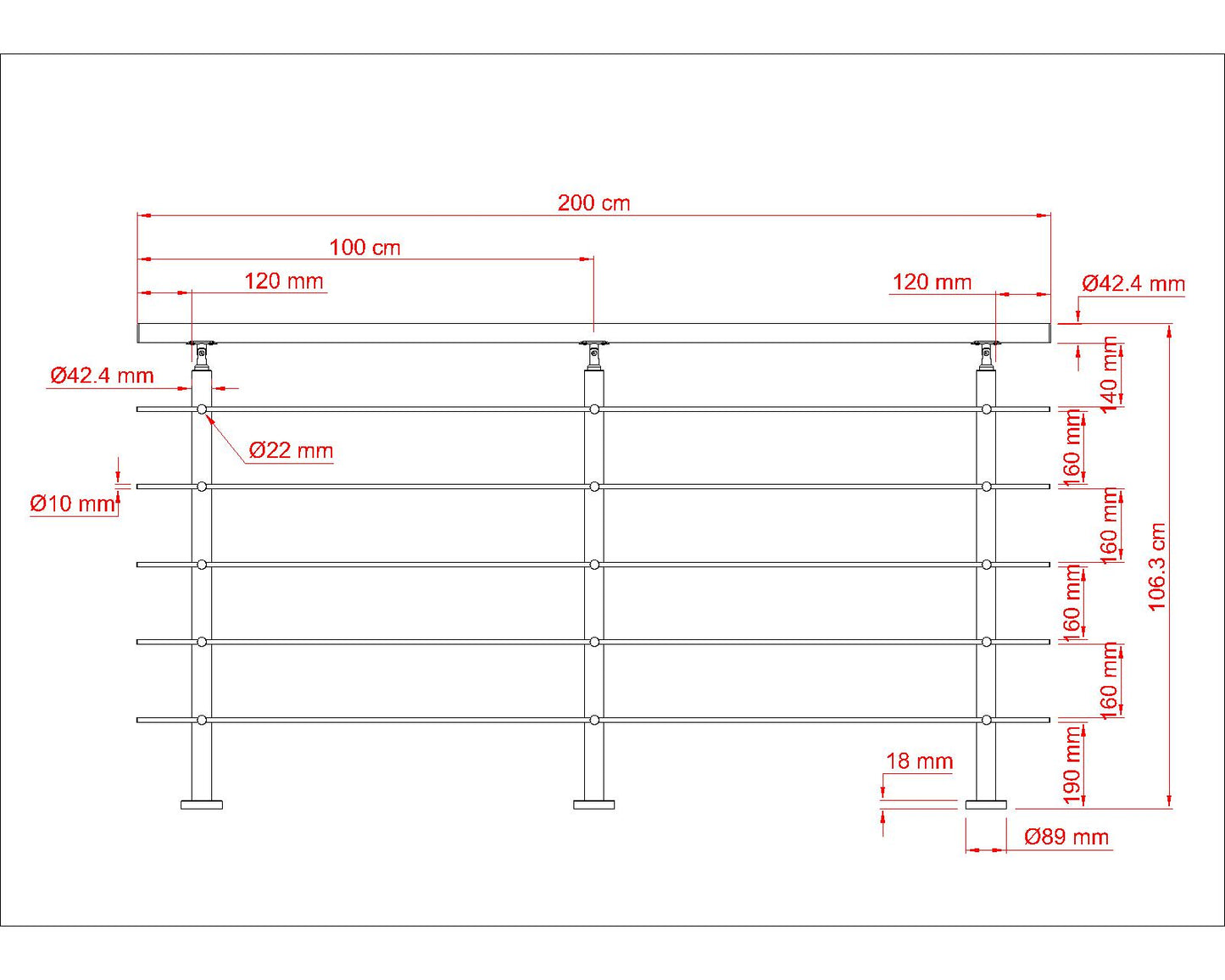 Garde-corps en inox 304  pour terrasse ou escalier à 5 barreaux Intérieur ou extérieur