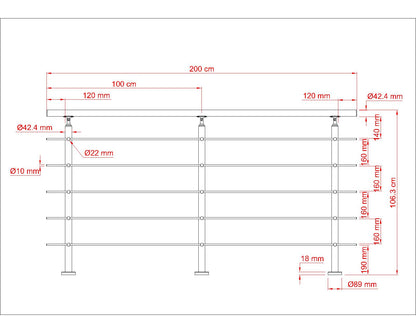 Garde-corps en inox 304  pour terrasse ou escalier à 5 barreaux Intérieur ou extérieur