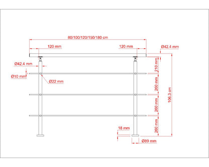 Garde-corps en inox 304  pour terrasse ou escalier à 5 barreaux Intérieur ou extérieur