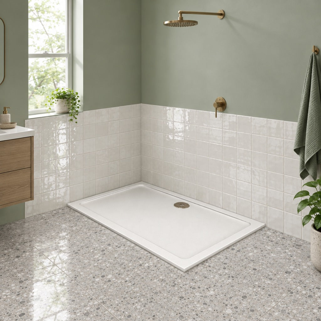 Receveur de douche extra-plat blanc en résine minérale et gel coat – installé dans une salle de bain