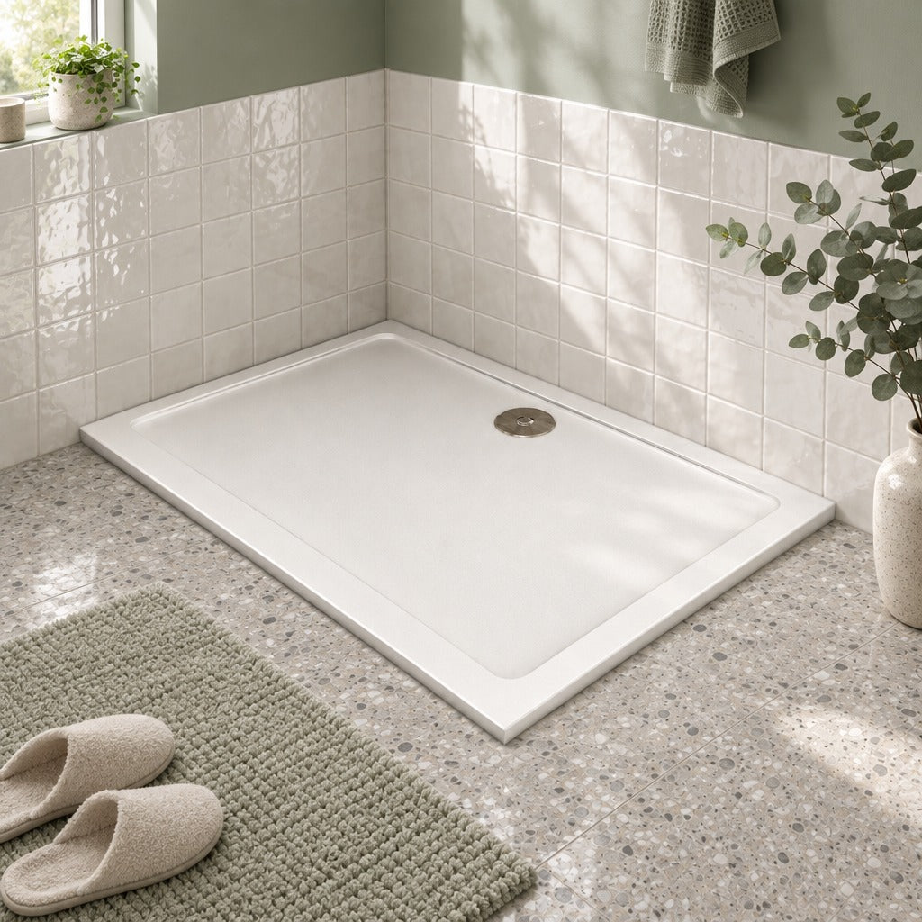 Receveur de douche extra-plat blanc en résine minérale et gel coat – ambiance salle de bain