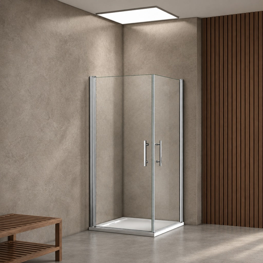 Cabine de douche à 2 portes pivotantes accès d'angle – en situation dans une salle de bain