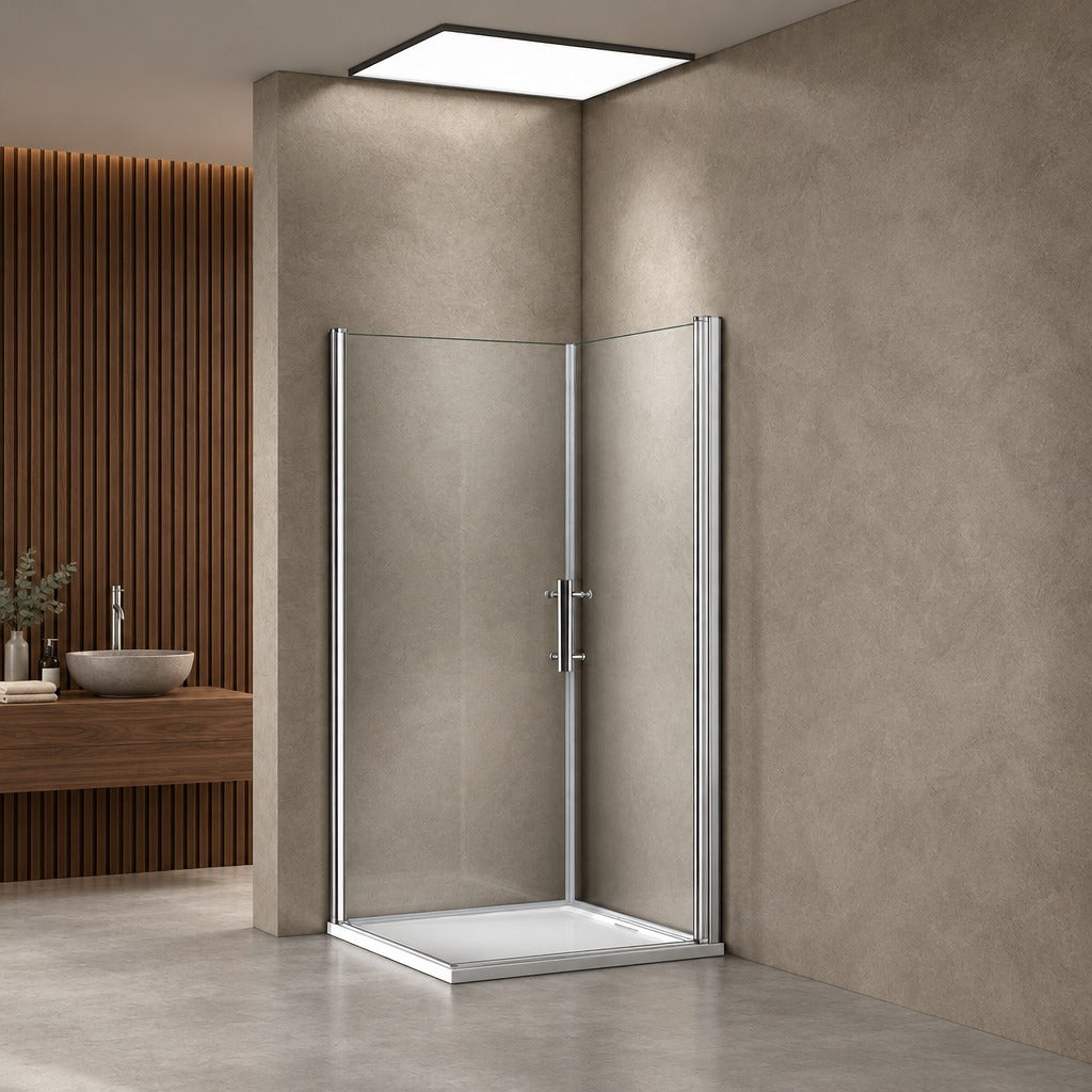 Cabine de douche à 2 portes pivotantes accès d'angle – en situation dans une salle de bain