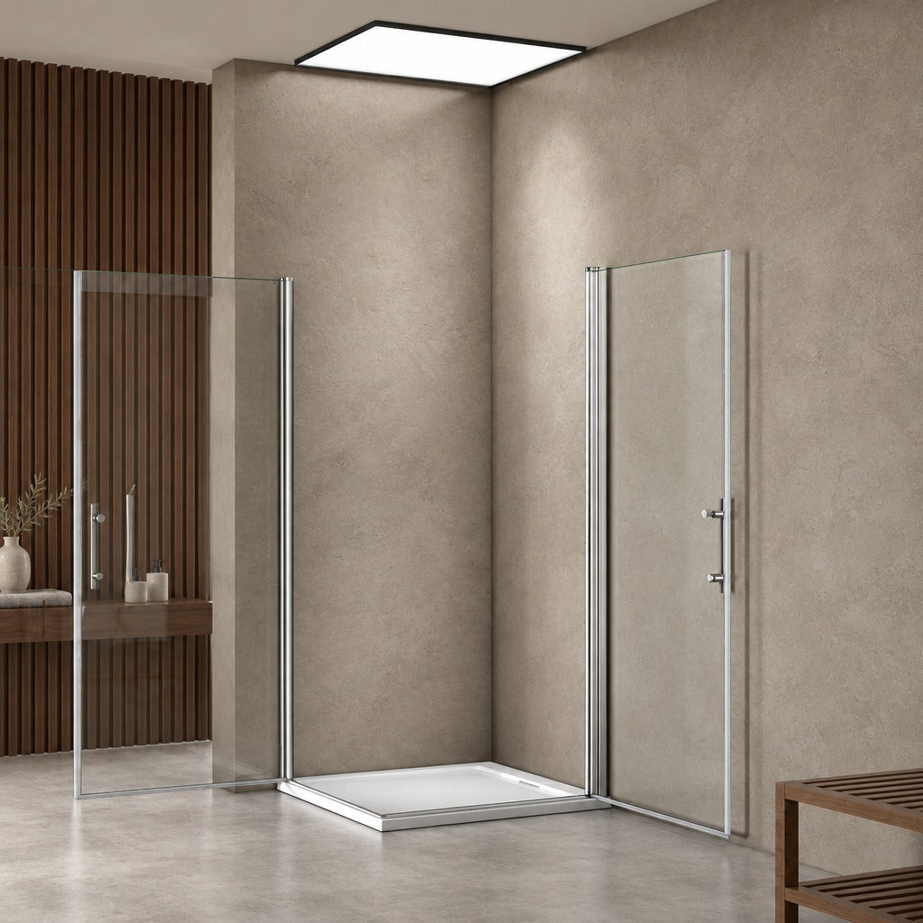 Cabine de douche à 2 portes pivotantes accès d'angle – en situation dans une salle de bain