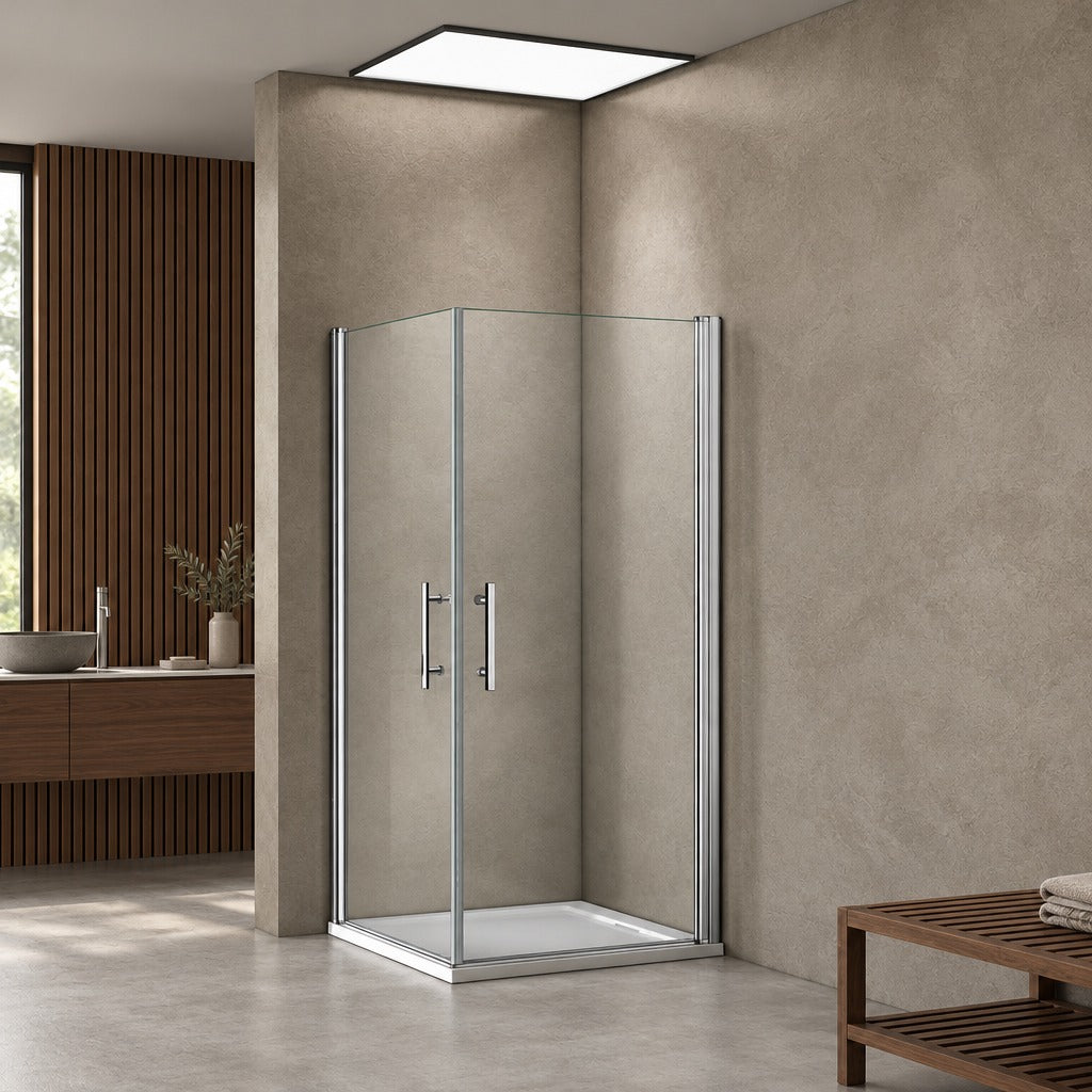 Cabine de douche à 2 portes pivotantes accès d'angle – en situation dans une salle de bain
