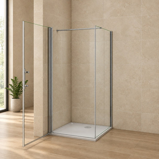 Cabine de douche pivotante accès d'angle – en situation dans une salle de bain