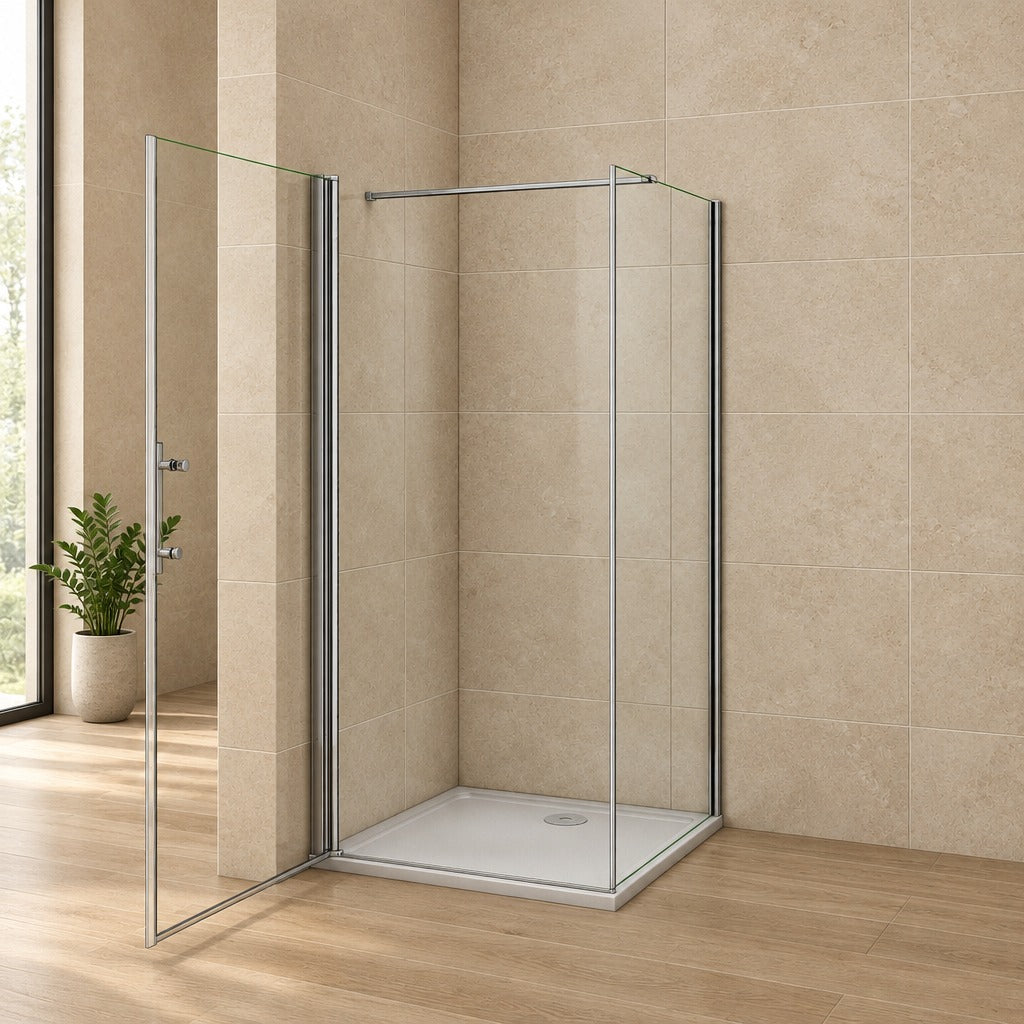 Cabine de douche pivotante accès d'angle – en situation dans une salle de bain