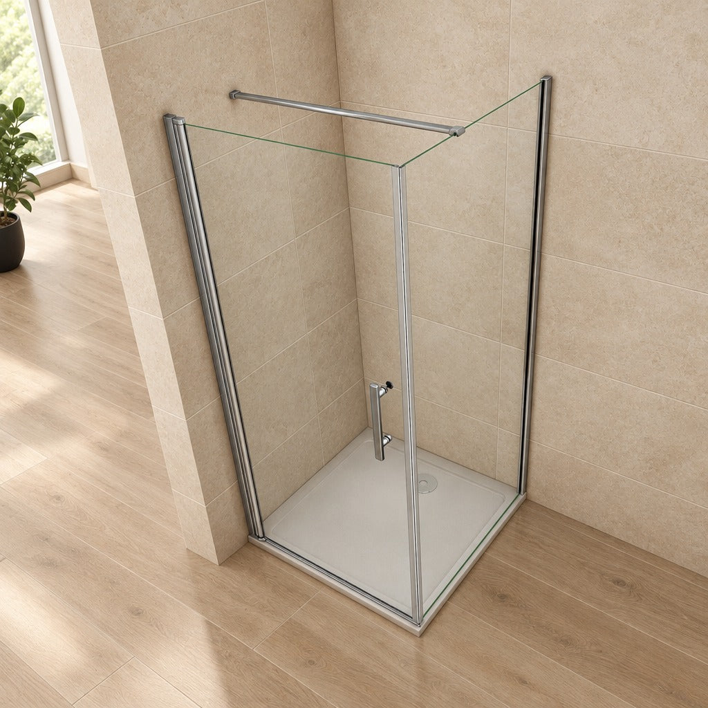 Cabine de douche pivotante accès d'angle – en situation dans une salle de bain