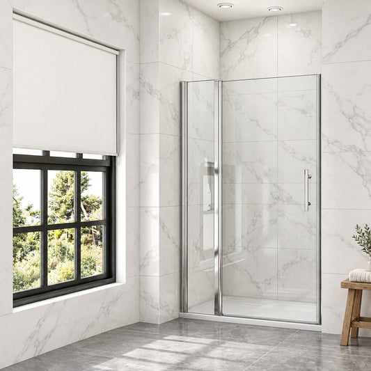 Porte de douche pivotante avec élément fixe – en situation dans une salle de bain