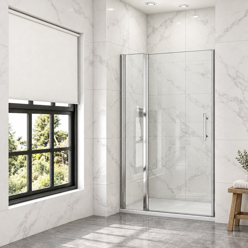Porte de douche pivotante avec élément fixe – en situation dans une salle de bain