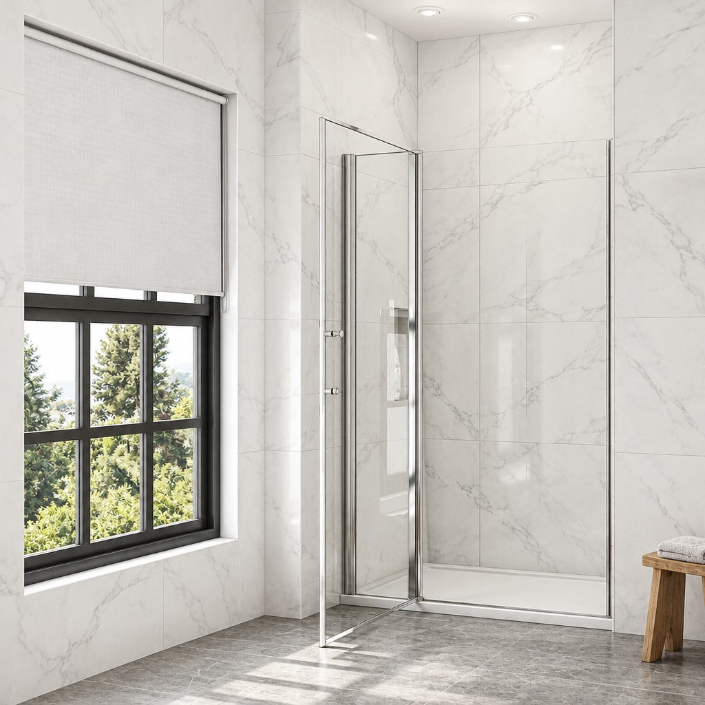 Porte de douche pivotante avec élément fixe – en situation dans une salle de bain